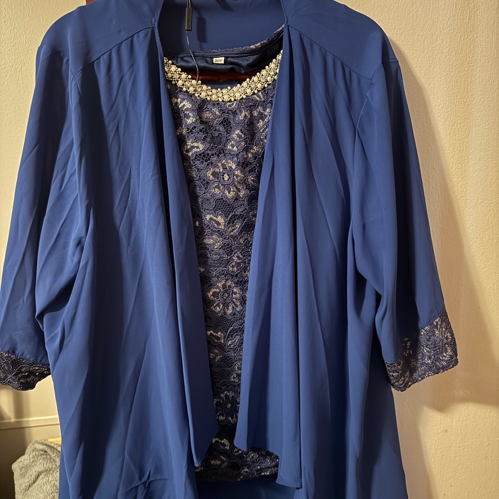 Blue Lace-Trim Women's Blouse with Embellished Neckline